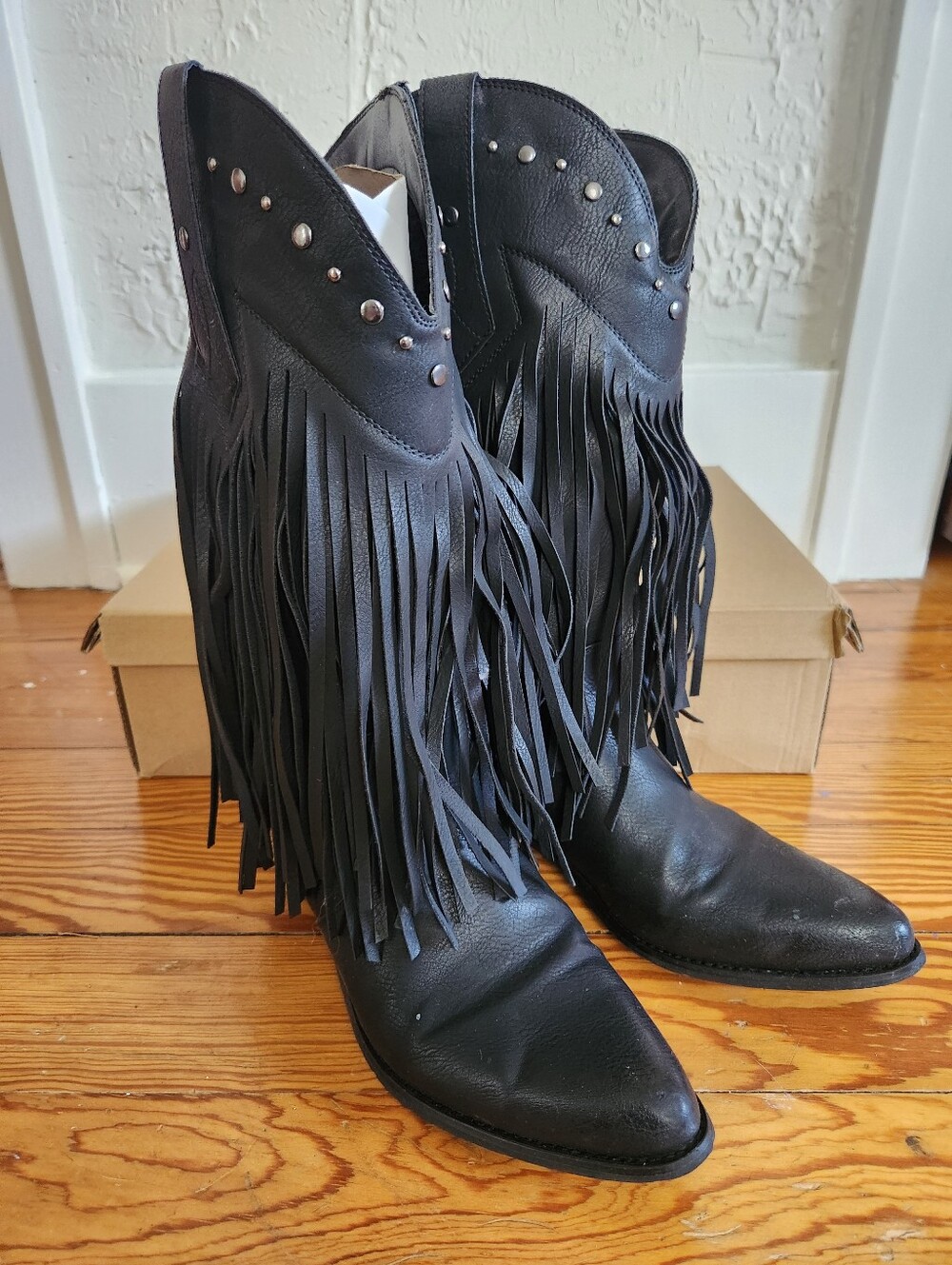SHESOLE Black Fringe Studded Women's Wide Mid Calf Cowgirl Boots, Size 8